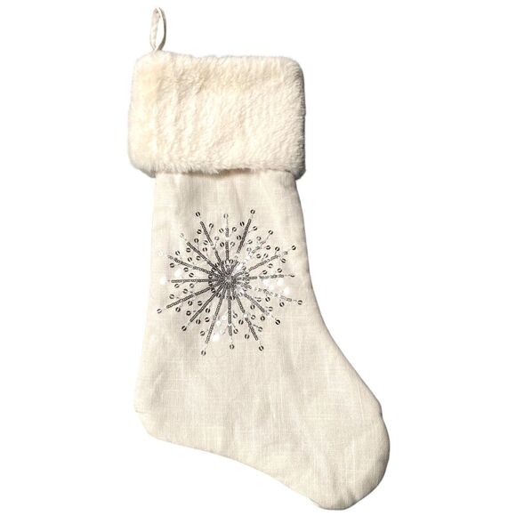Gigi Seasons Christmas Stocking 18" White Fur Linen Silver Sequin Snowflake NWOT - Picture 1 of 12